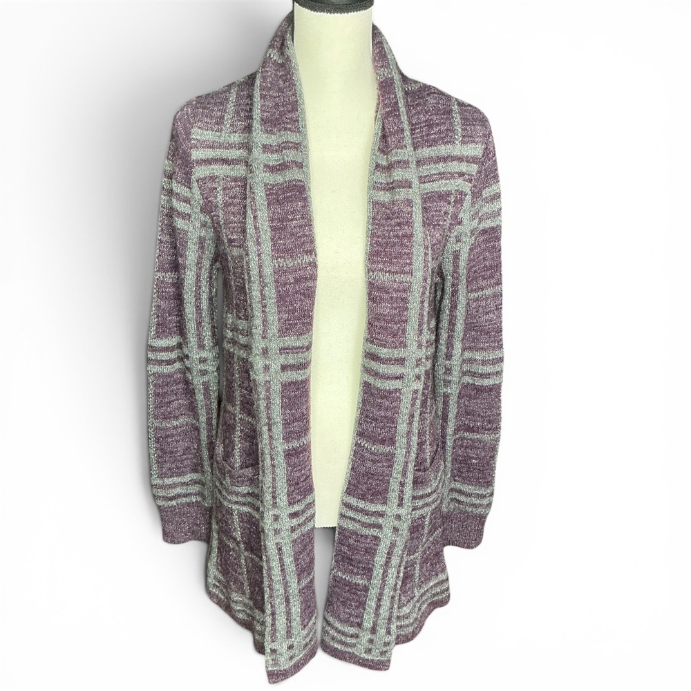 Simply Styled Purple Plaid Cardigan Women Small Metallic Open Front Knit Sweater